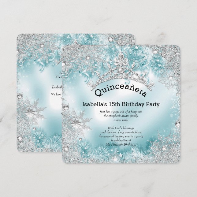 Invitación Quinceanera 15º Invierno Plata Plata Plata Verde a (Anverso / Reverso)