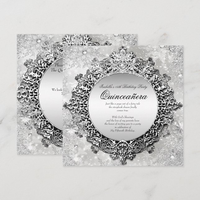 Invitación Quinceanera 15º Invierno Wonderland Plata Blanco (Anverso / Reverso)