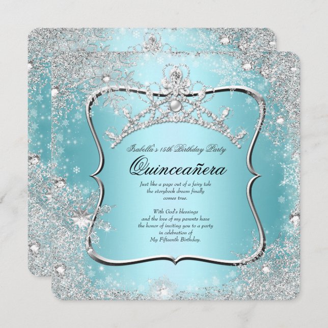 Invitación Quinceanera 15º invierno Wonderland Silver Blue (Anverso / Reverso)
