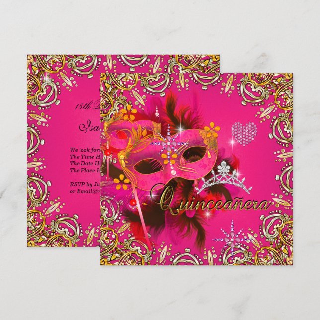Invitación Quinceanera 15º oro Fiesta de la mascarada rosa de (Anverso / Reverso)