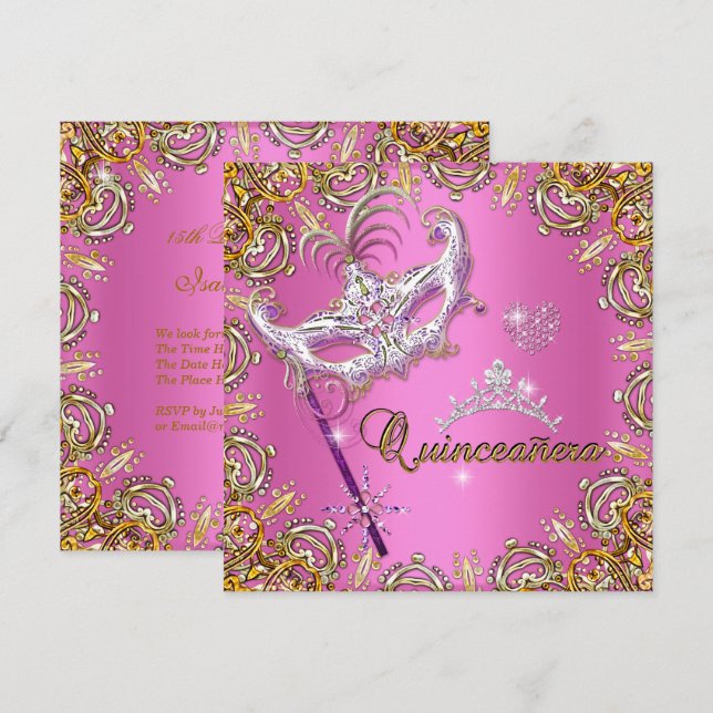 Invitación Quinceanera 15º oro Fiesta de mascarada rosa (Anverso / Reverso)