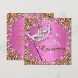 Invitación Quinceanera 15º oro Fiesta de mascarada rosa