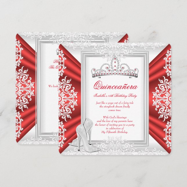 Invitación Quinceanera 15º Partido de Cumpleaños Blanco Rojo (Anverso / Reverso)