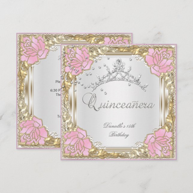 Invitación Quinceanera 15º Partido de Cumpleaños Blanda Rosa  (Anverso / Reverso)