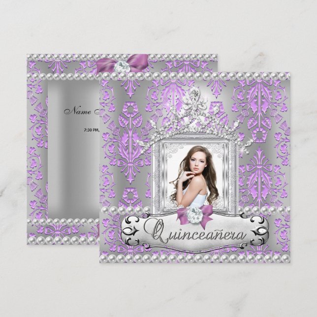 Invitación Quinceanera 15º Partido de Cumpleaños Damask Lilac (Anverso / Reverso)