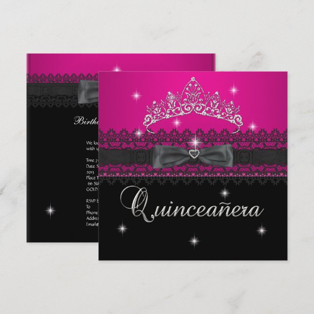 Invitación Quinceanera 15º partido de cumpleaños Lazo negro r (Anverso / Reverso)