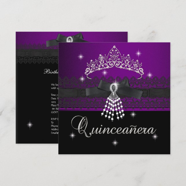 Invitación Quinceanera 15º partido de cumpleaños morado negro (Anverso / Reverso)