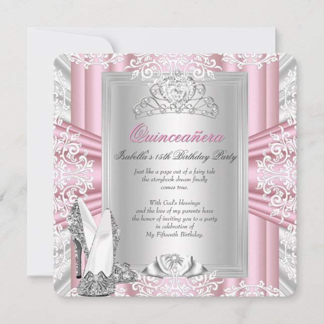 Invitación Quinceanera 15º partido de cumpleaños Plata Rosa T (Anverso)