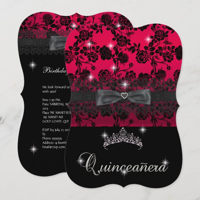 Invitación Quinceanera 15º Partido de Cumpleaños Rojo Negro (Anverso / Reverso)