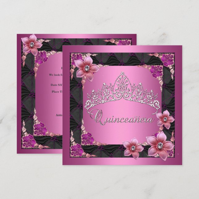 Invitación Quinceanera 15º partido de cumpleaños Rosa Tiara B (Anverso / Reverso)