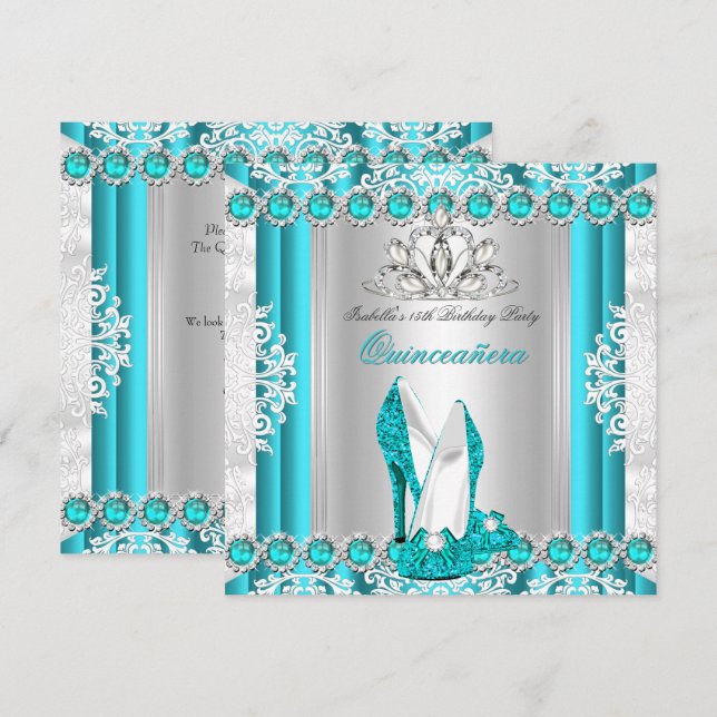 Invitación Quinceanera 15º Partido de Cumpleaños Verde azulad (Anverso / Reverso)