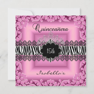 Invitación Quinceañera 15º rosa negro blanco cebra encaje