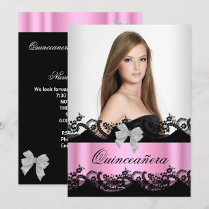 Invitación Quinceañera 15º Rosa Negro Blanco Encaje Foto