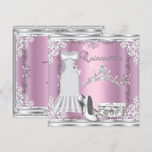 Invitación Quinceañera 15º Rosa Plata Tiara de Diamantes