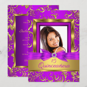 Invitación Quinceañera 15º Rosa púrpura Dorado Damasco Foto