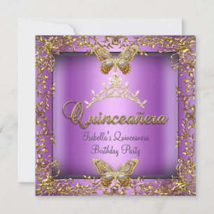 Invitación Quinceañera 15º Rosa Púrpura Mariposa Dorada