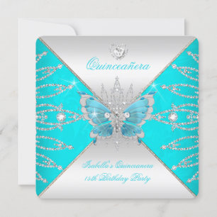 Invitación Quinceañera 15º Tiara Mariposa Azul Teal Plateada