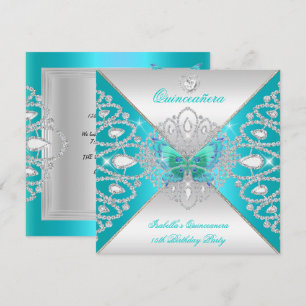 Invitación Quinceañera 15º Tiara Mariposa Teal Plata 2
