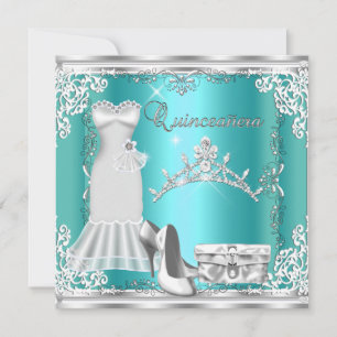 Invitación Quinceañera 15º Turquesa Azul Plata Diamante Tiara