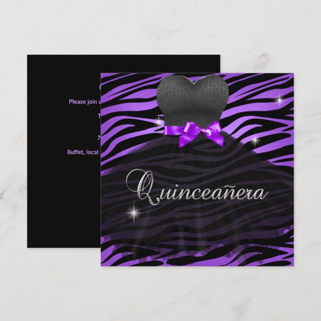 Invitación Quinceanera 15º Vestido de Cebra Negra Púrpura (Anverso / Reverso)
