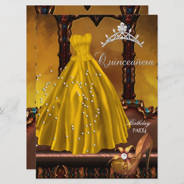 Invitación Quinceanera 15º Vestido de Oro de la Fiesta de Cum (Anverso / Reverso)