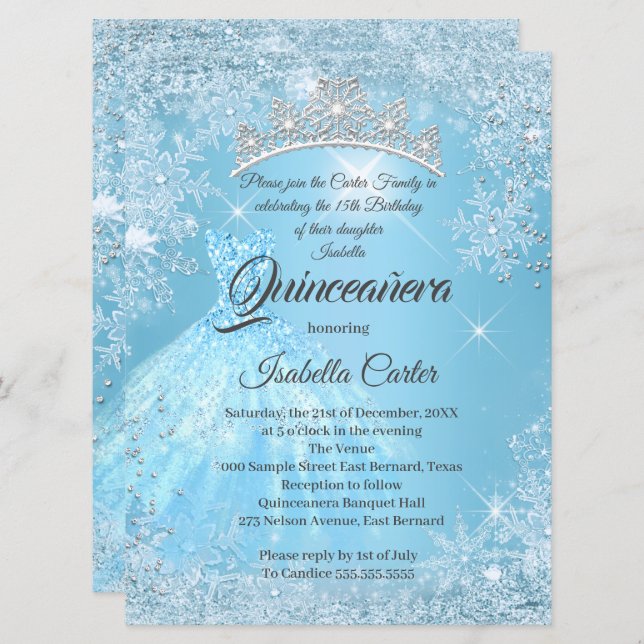 Invitación Quinceanera 15.ª Cenicienta Azul Invierno De Snowf 