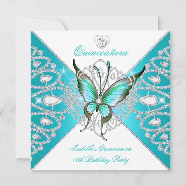 Invitación Quinceanera 15.ª Bonito Verde azulada mariposa azu (Anverso)