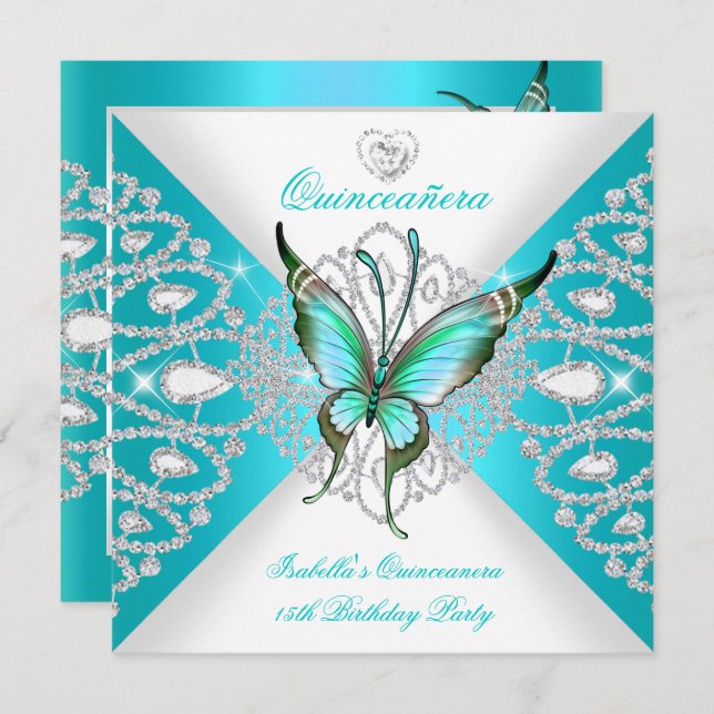 Invitación Quinceanera 15.ª Bonito Verde azulada mariposa azu (Anverso / Reverso)