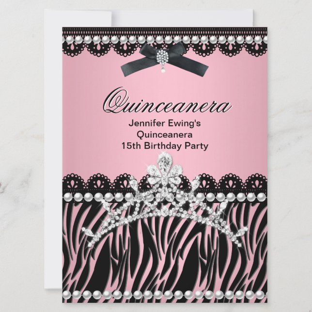 Invitación Quinceanera 15.ª cebra negra tiara (Anverso)