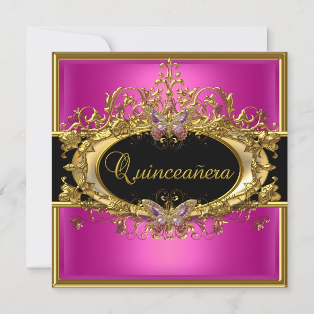 Invitación Quinceanera 15.ª Chicas de oro negro rosado calien (Anverso)