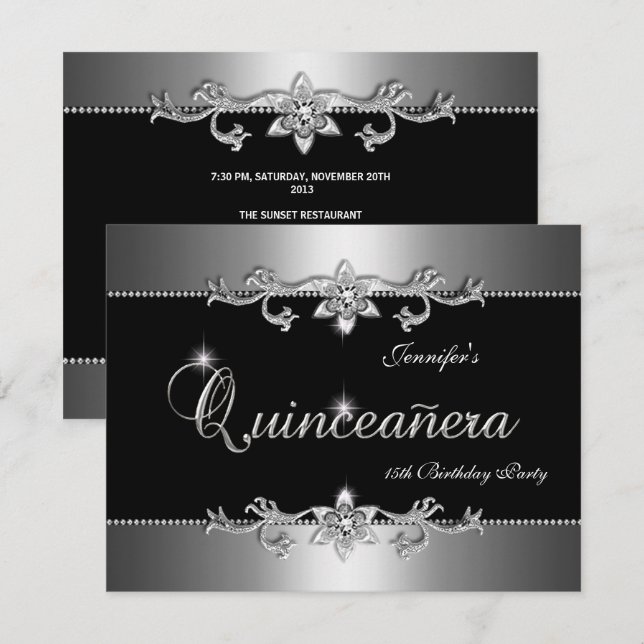 Invitación Quinceanera 15.ª elegante Fiesta de joyas de plata (Anverso / Reverso)