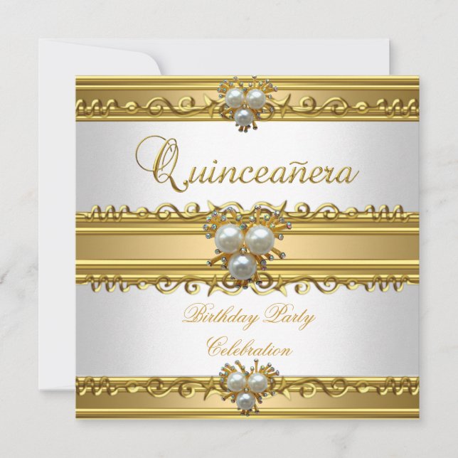 Invitación Quinceanera 15.ª Elegante Joya de Perla de Oro Bla (Anverso)