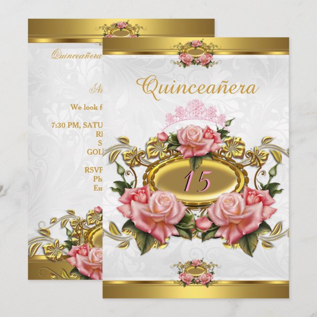 Invitación Quinceanera 15.ª Elegante Rosas de oro rosado blan (Anverso / Reverso)