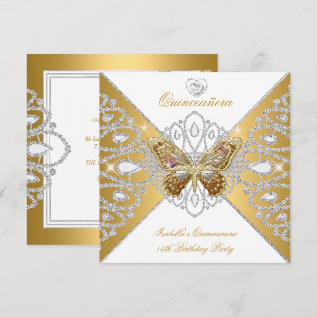 Invitación Quinceanera 15.ª Fiesta Mariposa Blanca de Oro Tia (Anverso / Reverso)
