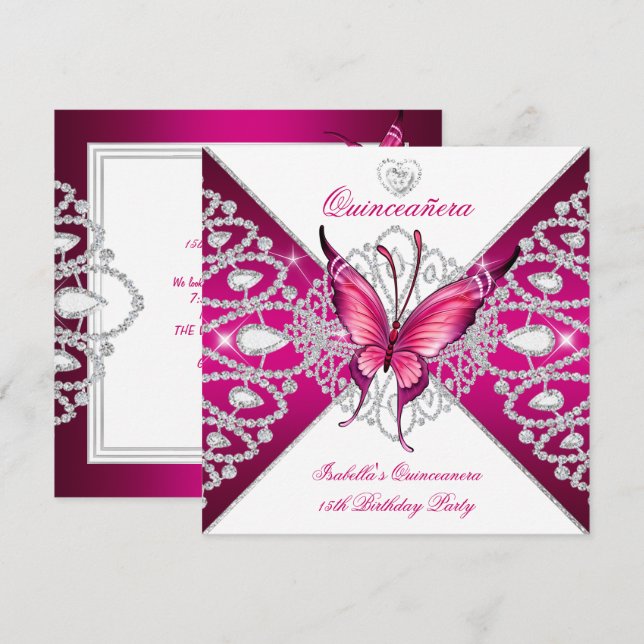 Invitación Quinceanera 15.ª Fiesta Mariposa Rosa Oscura Tiara (Anverso / Reverso)
