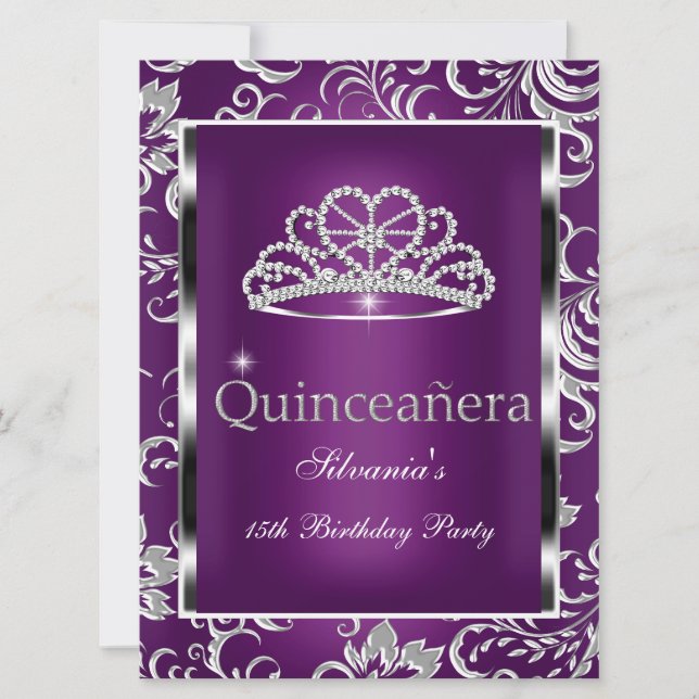 Invitación Quinceanera 15.ª Fiesta Plata de Pluma Púrpura Dam (Anverso)