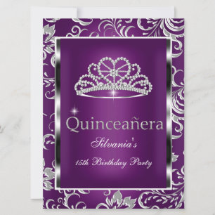 Invitación Quinceanera 15.ª Fiesta Plata de Pluma Púrpura Dam