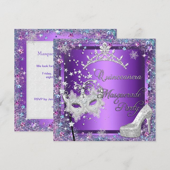 Invitación Quinceanera 15.ª Fiesta Púrpura Tiara (Anverso / Reverso)