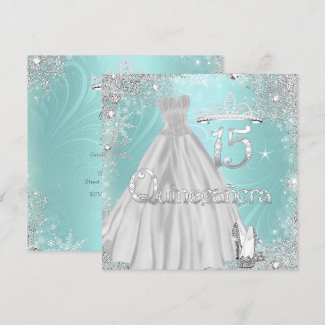 Invitación Quinceanera 15.ª Fiesta Verde azulada de copos de  (Anverso / Reverso)
