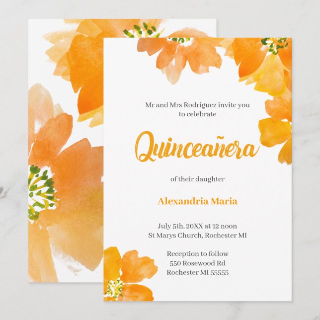Invitación Quinceanera 15.ª Floral de cumpleaños (Anverso / Reverso)
