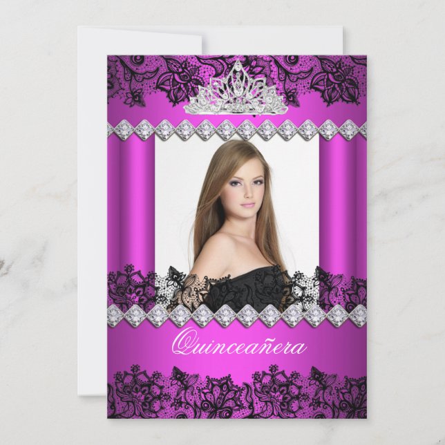 Invitación Quinceanera 15.ª foto de encaje blanco y rosado ca (Anverso)
