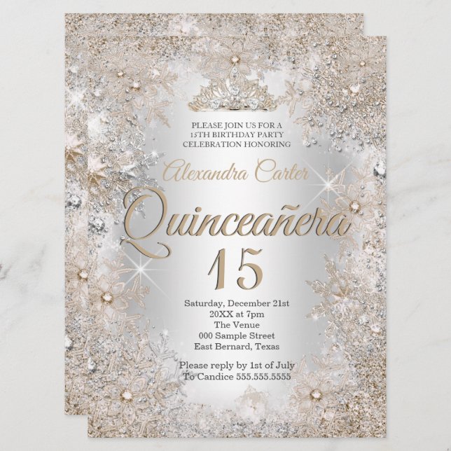 Invitación Quinceanera 15.ª Foto Plata Pekín Snowflake (Anverso / Reverso)