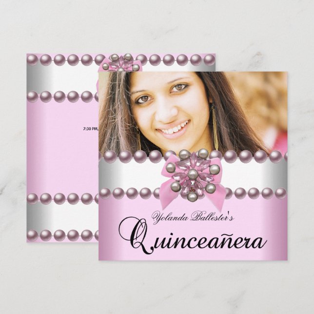 Invitación Quinceanera 15.ª foto rosa rosada de Pearl Bow (Anverso / Reverso)