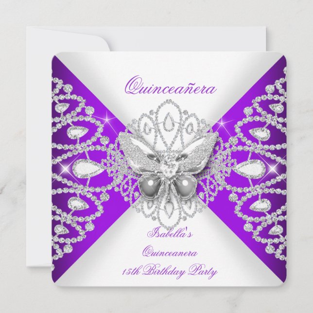 Invitación Quinceanera 15.ª mariposa púrpura Fiesta Tiara (Anverso)