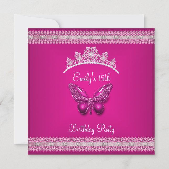 Invitación Quinceanera 15.ª Mariposa Rosa Tiara (Anverso)