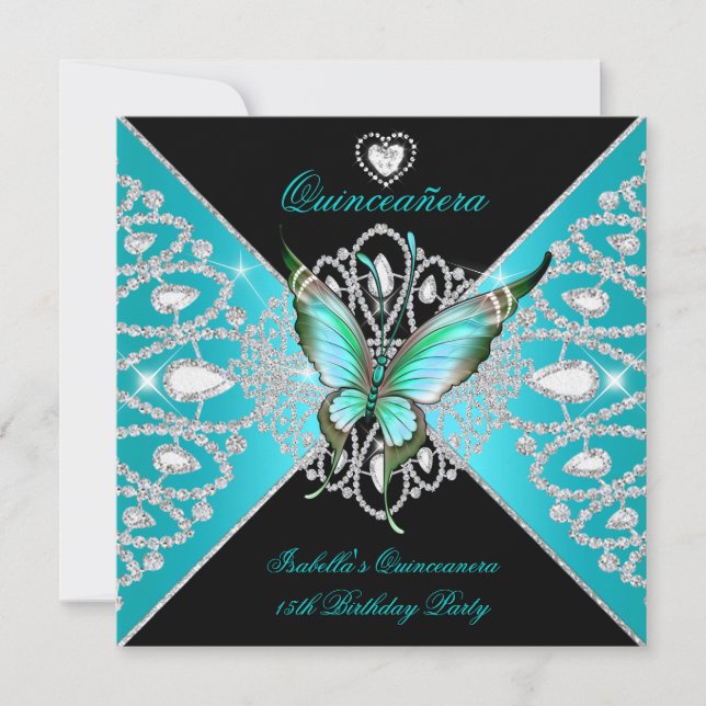 Invitación Quinceanera 15.ª Mariposa Verde azulada Azul Negro (Anverso)