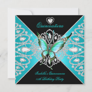 Invitación Quinceanera 15.ª Mariposa Verde azulada Azul Negro