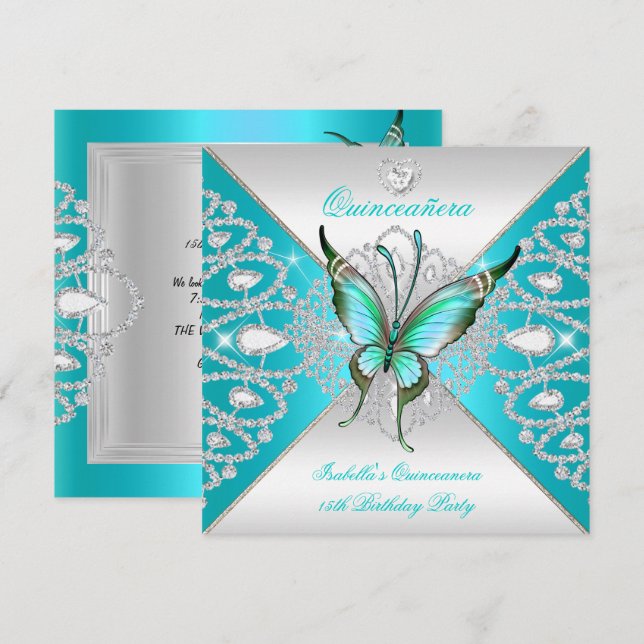 Invitación Quinceanera 15.ª Mariposa Verde azulada de Plata A (Anverso / Reverso)