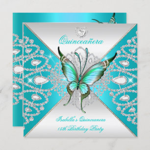 Invitación Quinceanera 15.ª Mariposa Verde azulada de Plata A