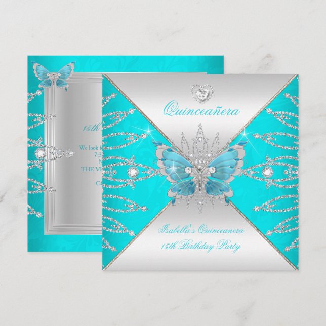 Invitación Quinceanera 15.ª Mariposa Verde azulada de Plata A (Anverso / Reverso)